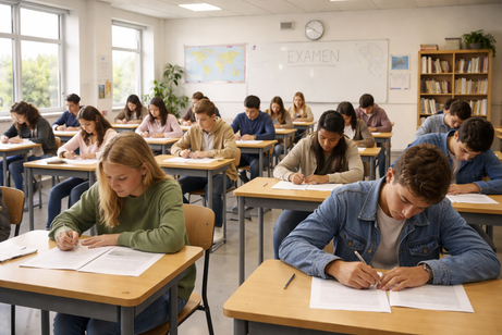 Studenten maken een examen aan losse tafeltjes in een klaslokaal