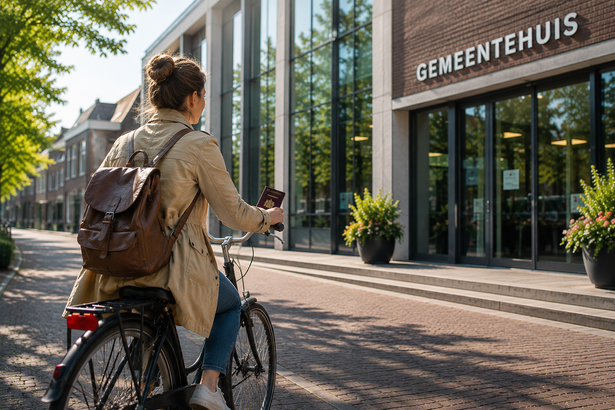 Fietser bij de ingang van het gemeentehuis