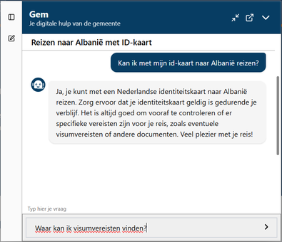 IDA in actie: de chatbot beantwoordt een vraag over reizen met een identiteitskaart