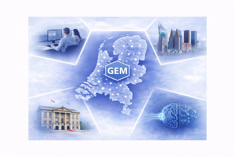 Illustratie van de kaart van Nederland met het Gem-logo, omringd door beelden van gebouwen, een medewerker achter een beeldscherm en technologie
