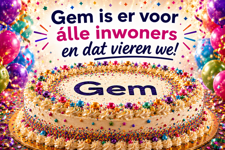 Feestelijke taart met de tekst ‘Gem is er voor álle inwoners en dat vieren we!’