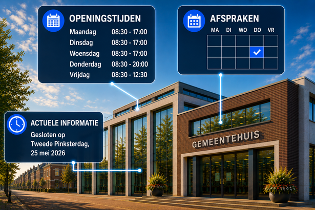 Gemeentehuis met voorbeelden van openingstijden, afspraakmomenten en actuele informatie