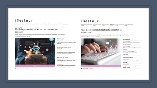 Laptop met twee iBestuur-artikelen over chatbots bij gemeenten