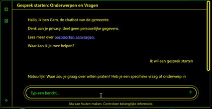 IDA in hoog-contrastweergave: gele tekst op een zwarte achtergrond