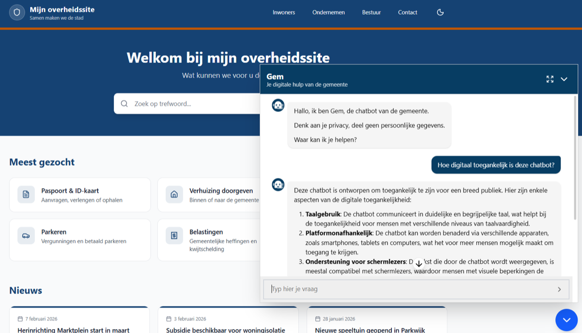Voorbeeld van de digitaal toegankelijke chatinterface IDA op een gemeentewebsite