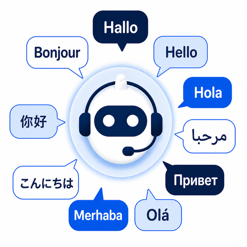 Illustratie van een chatbot omringd door tekstballonnen met begroetingen in verschillende talen