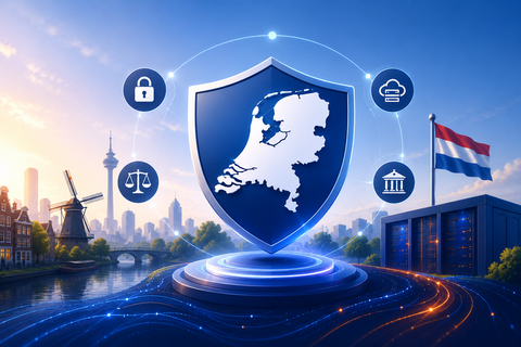 Illustratie van een beschermend schild met de kaart van Nederland als symbool voor digitale soevereiniteit