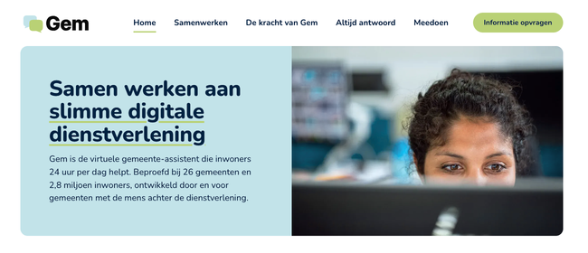 Homepage van de nieuwe Gem-website met de titel ‘Samen werken aan slimme digitale dienstverlening’