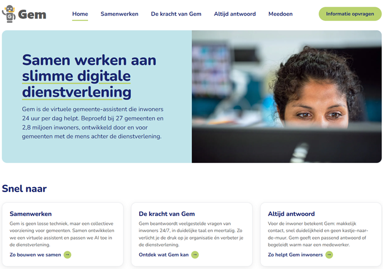 Homepage van virtuelegemeenteassistent.nl met de kop 'Samen werken aan slimme digitale dienstverlening'